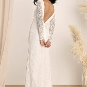 Lulus Enchanted Elegance White Lace Backless Mermaid Maxi Dress NWT